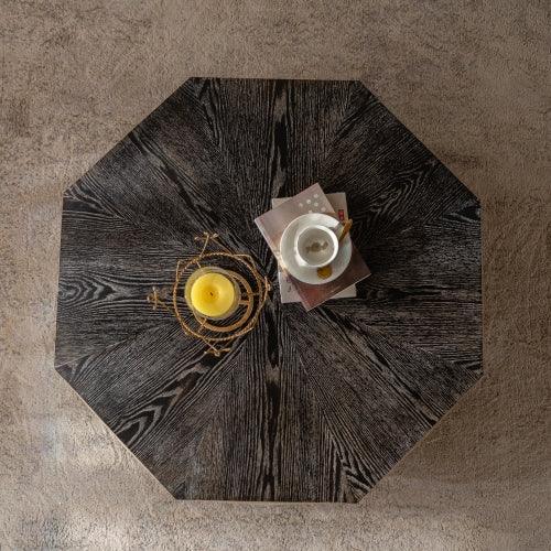 38” Octagon Retro Wood Coffee Table – 3D Embossed Rustic Center Table with Geometric Design for Living Room