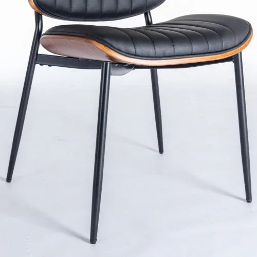 Mid-Century Modern Dining Chairs Set of 2 – Faux Leather Upholstered Seat with Walnut Bentwood Back & Metal Legs (Adjustable Feet)
