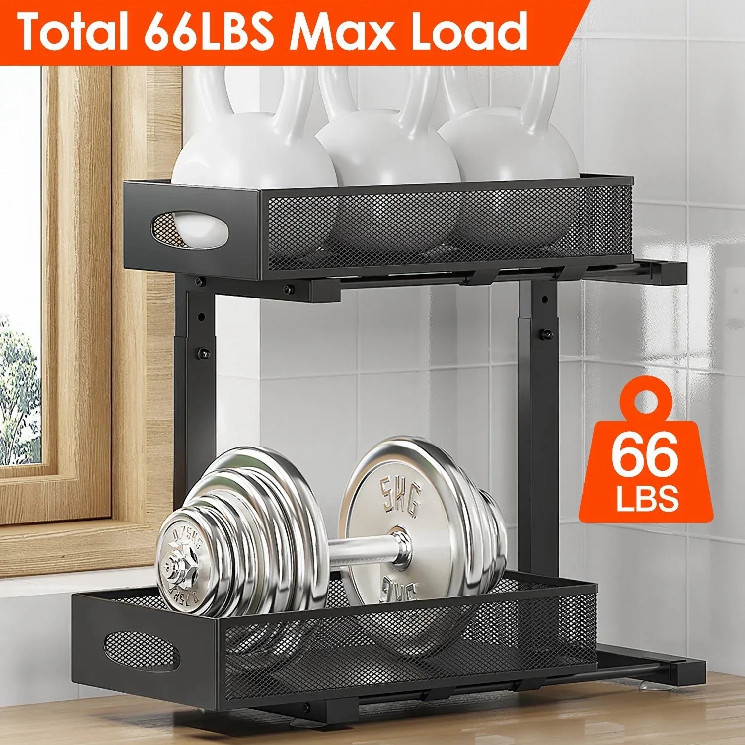 2-Tier Pull-Out Under-Sink Organizer – Adjustable Sliding Storage Rack with 5 Mesh Baskets for Kitchen, Bathroom & Office