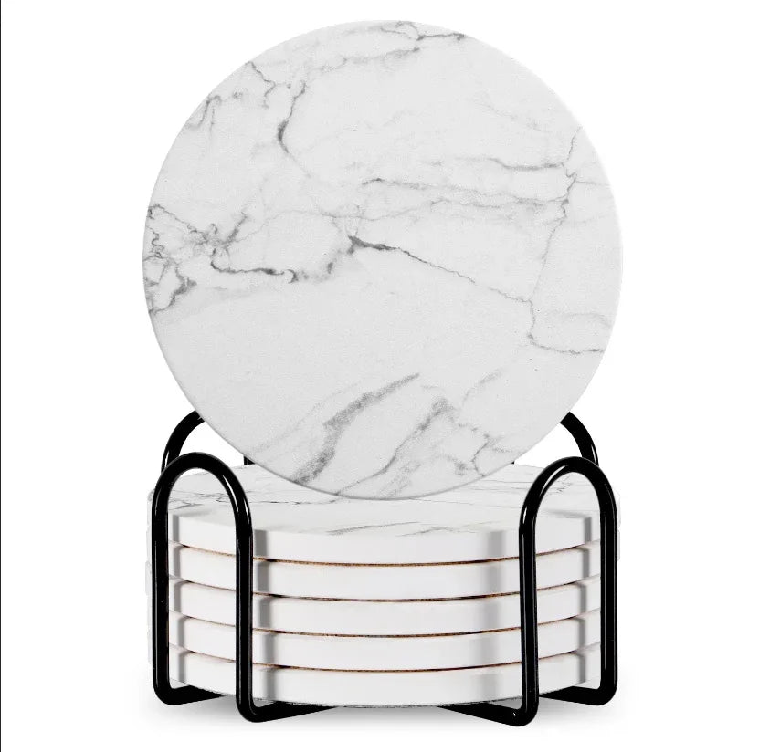 Stylish Set of 6 Round Ceramic Beverage Coasters with Metal Stand - Absorbent Marble Stone Design