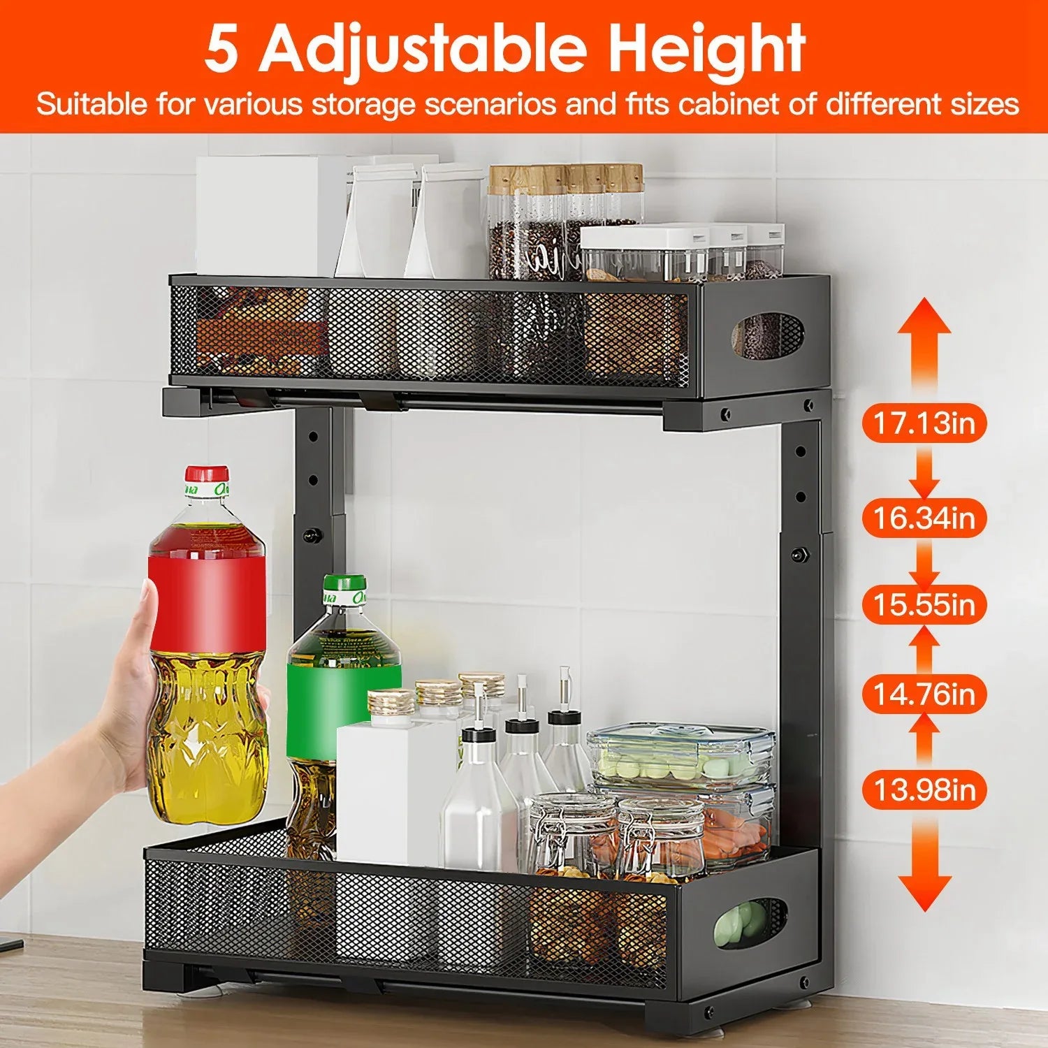 2-Tier Pull-Out Under-Sink Organizer – Adjustable Sliding Storage Rack with 5 Mesh Baskets for Kitchen, Bathroom & Office
