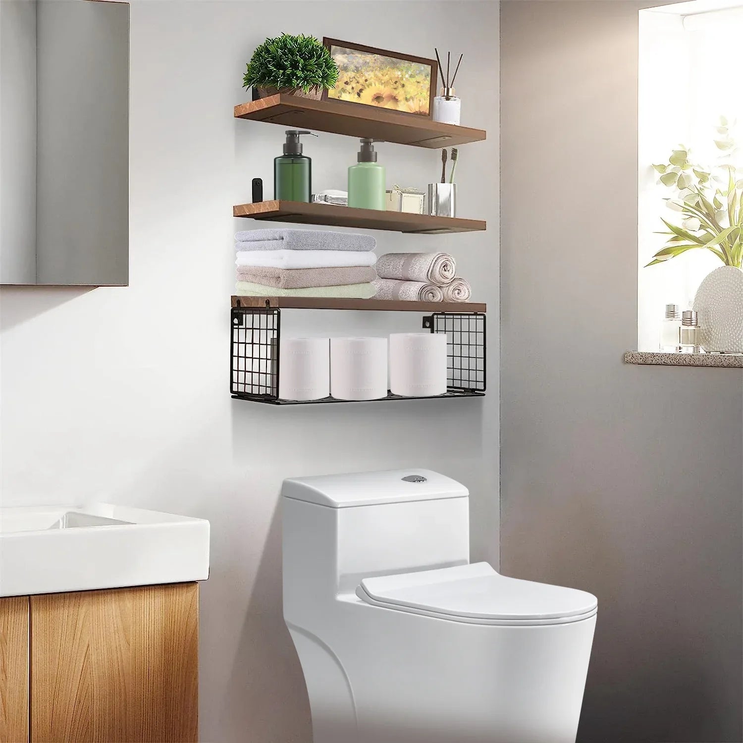 2-in-1 Floating Shelves with Storage Basket - Wall Mounted Wooden Shelves for Bathroom, Bedroom, Living Room, Kitchen, and Office - Perfect for Wall Decor and Plant Display