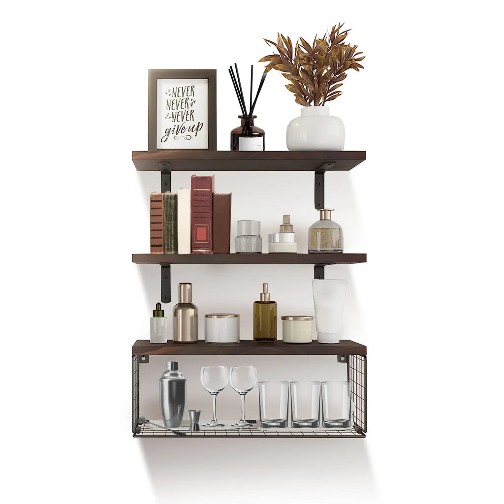 2-in-1 Floating Shelves with Storage Basket - Wall Mounted Wooden Shelves for Bathroom, Bedroom, Living Room, Kitchen, and Office - Perfect for Wall Decor and Plant Display