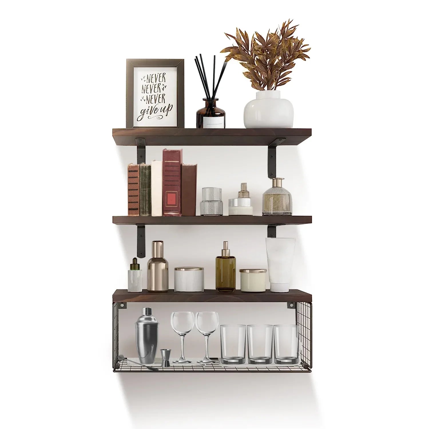2-in-1 Floating Shelves with Storage Basket - Wall Mounted Wooden Shelves for Bathroom, Bedroom, Living Room, Kitchen, and Office - Perfect for Wall Decor and Plant Display