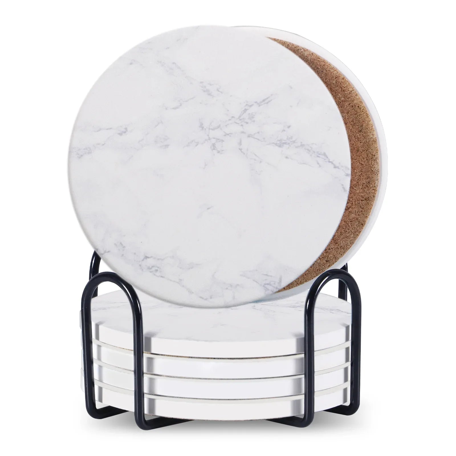 Stylish Set of 6 Round Ceramic Beverage Coasters with Metal Stand - Absorbent Marble Stone Design