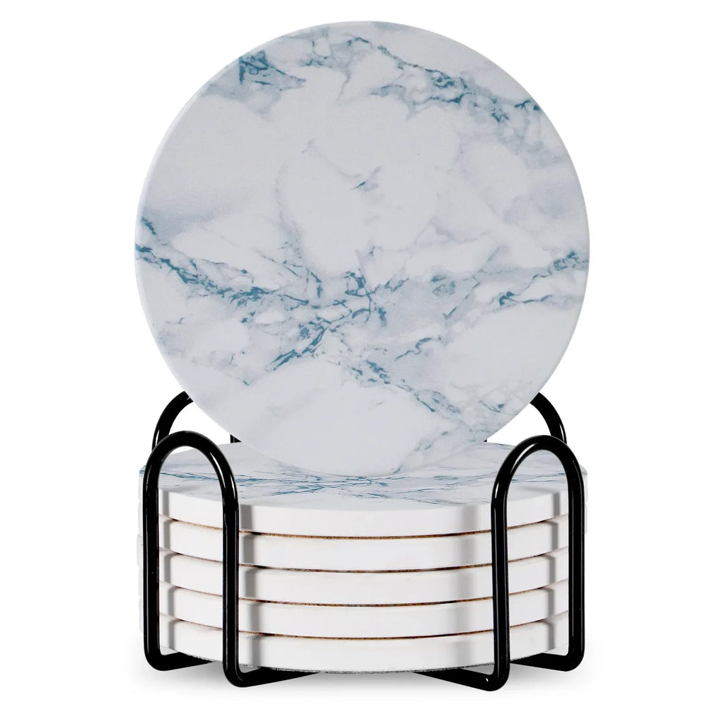 Stylish Set of 6 Round Ceramic Beverage Coasters with Metal Stand - Absorbent Marble Stone Design