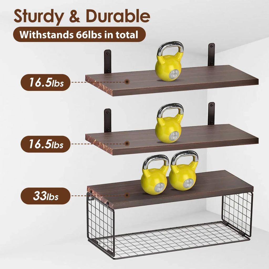 2-in-1 Floating Shelves with Storage Basket - Wall Mounted Wooden Shelves for Bathroom, Bedroom, Living Room, Kitchen, and Office - Perfect for Wall Decor and Plant Display