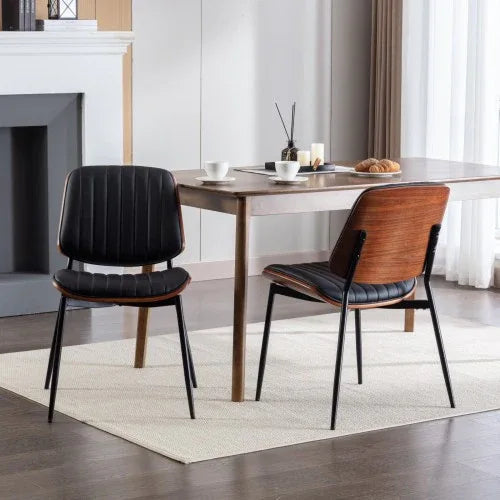 Mid-Century Modern Dining Chairs Set of 2 – Faux Leather Upholstered Seat with Walnut Bentwood Back & Metal Legs (Adjustable Feet)