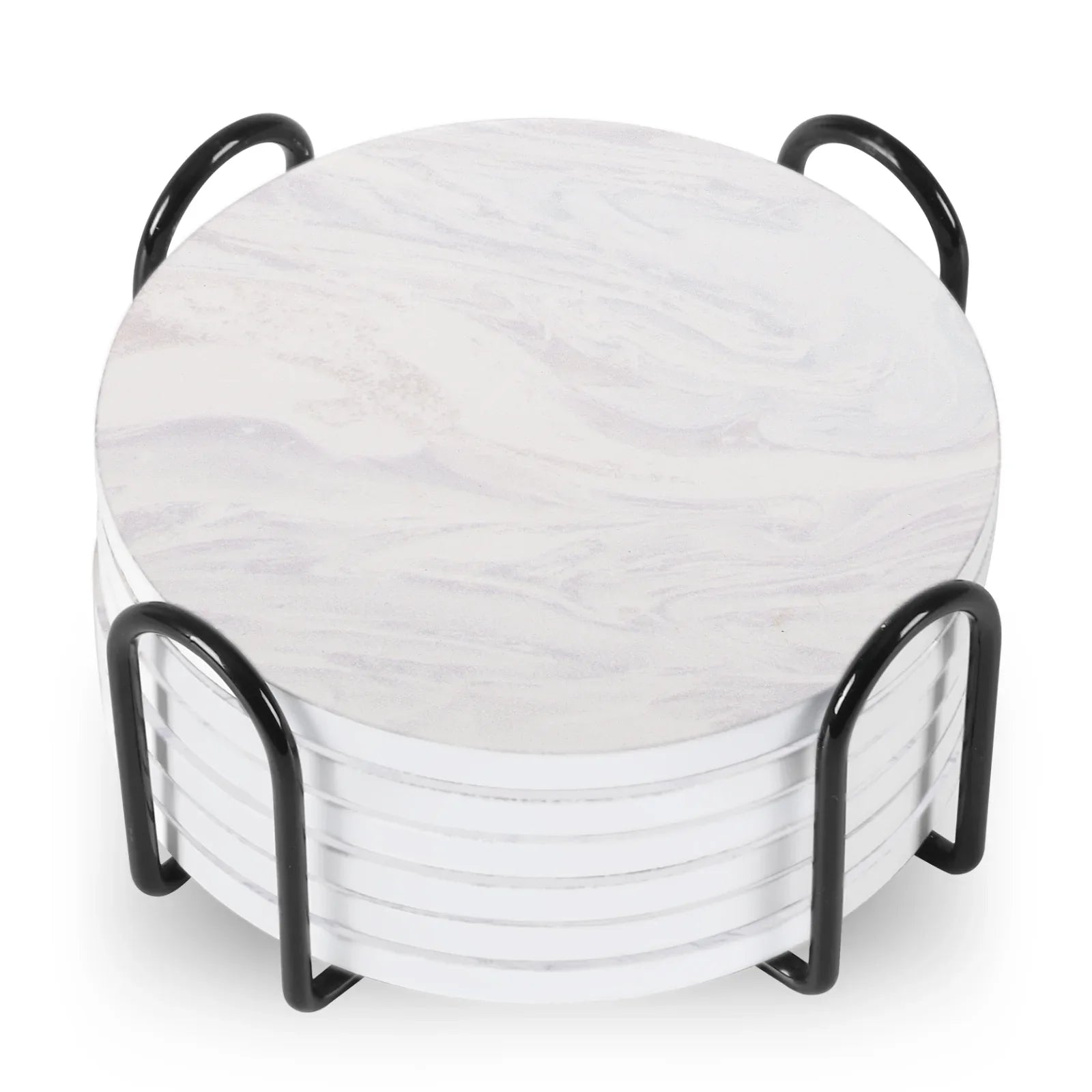 Stylish Set of 6 Round Ceramic Beverage Coasters with Metal Stand - Absorbent Marble Stone Design