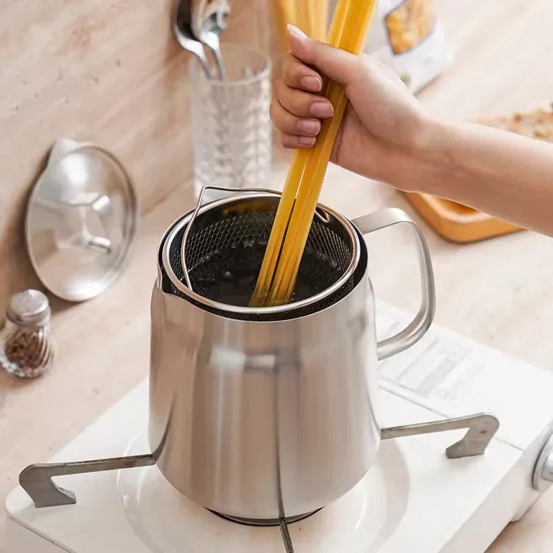 2L Stainless Steel Oil Filter Pot with Fine Mesh Strainer & Frying Basket – Multi-Function Oil Storage & Grease Container