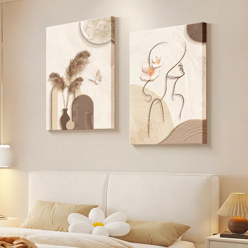 Cream Style Abstract Line Canvas Wall Art – Minimalist Character Mural Boho Modern Home Décor