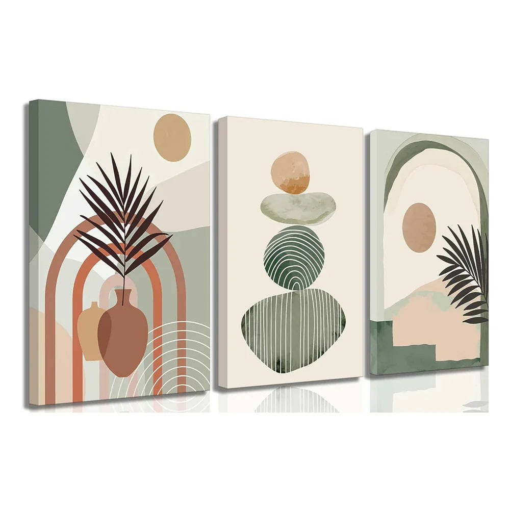 3-Piece Boho Canvas Wall Art Set – Framed 12x16” Minimalist Botanical & Abstract Decor (Ready to Hang)