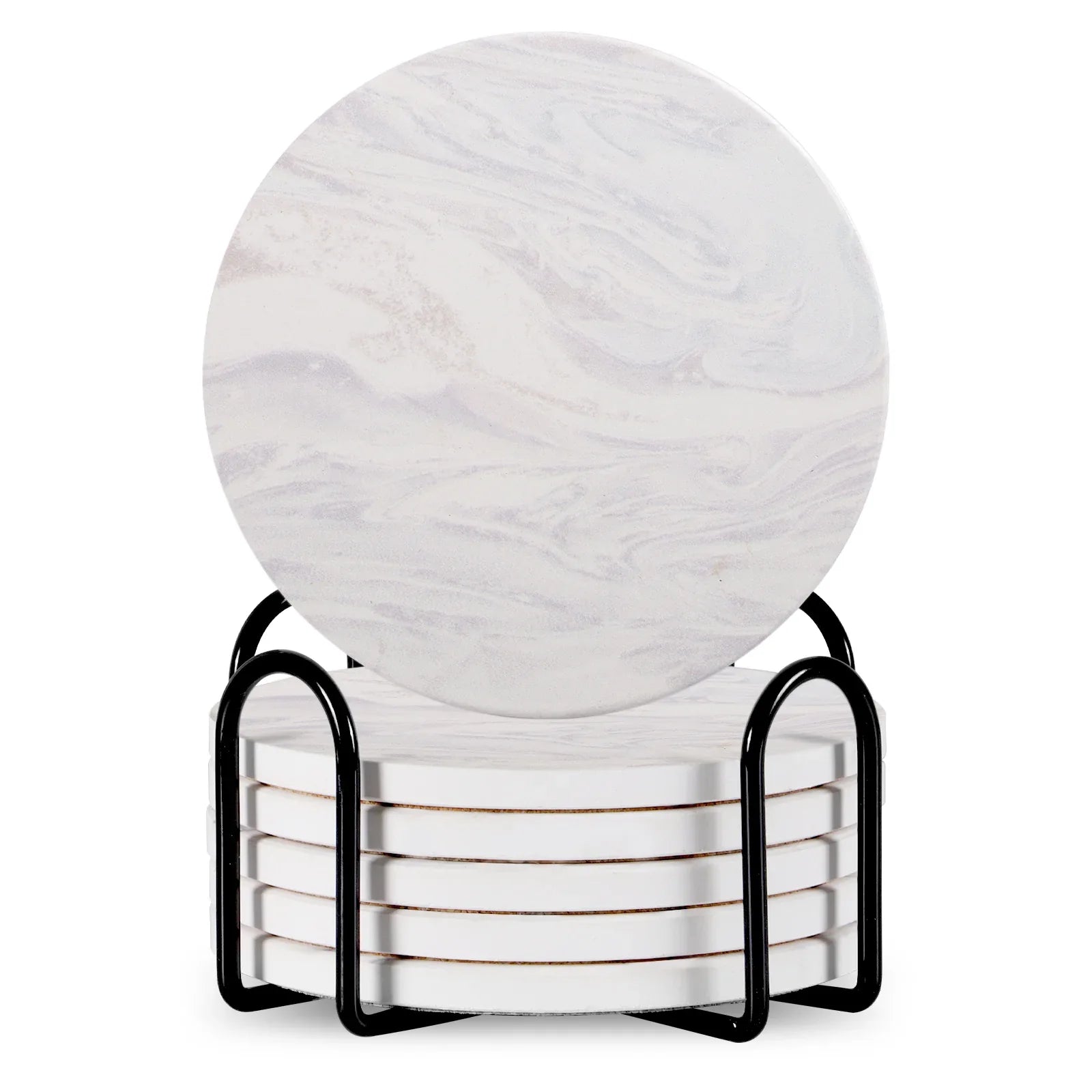 Stylish Set of 6 Round Ceramic Beverage Coasters with Metal Stand - Absorbent Marble Stone Design