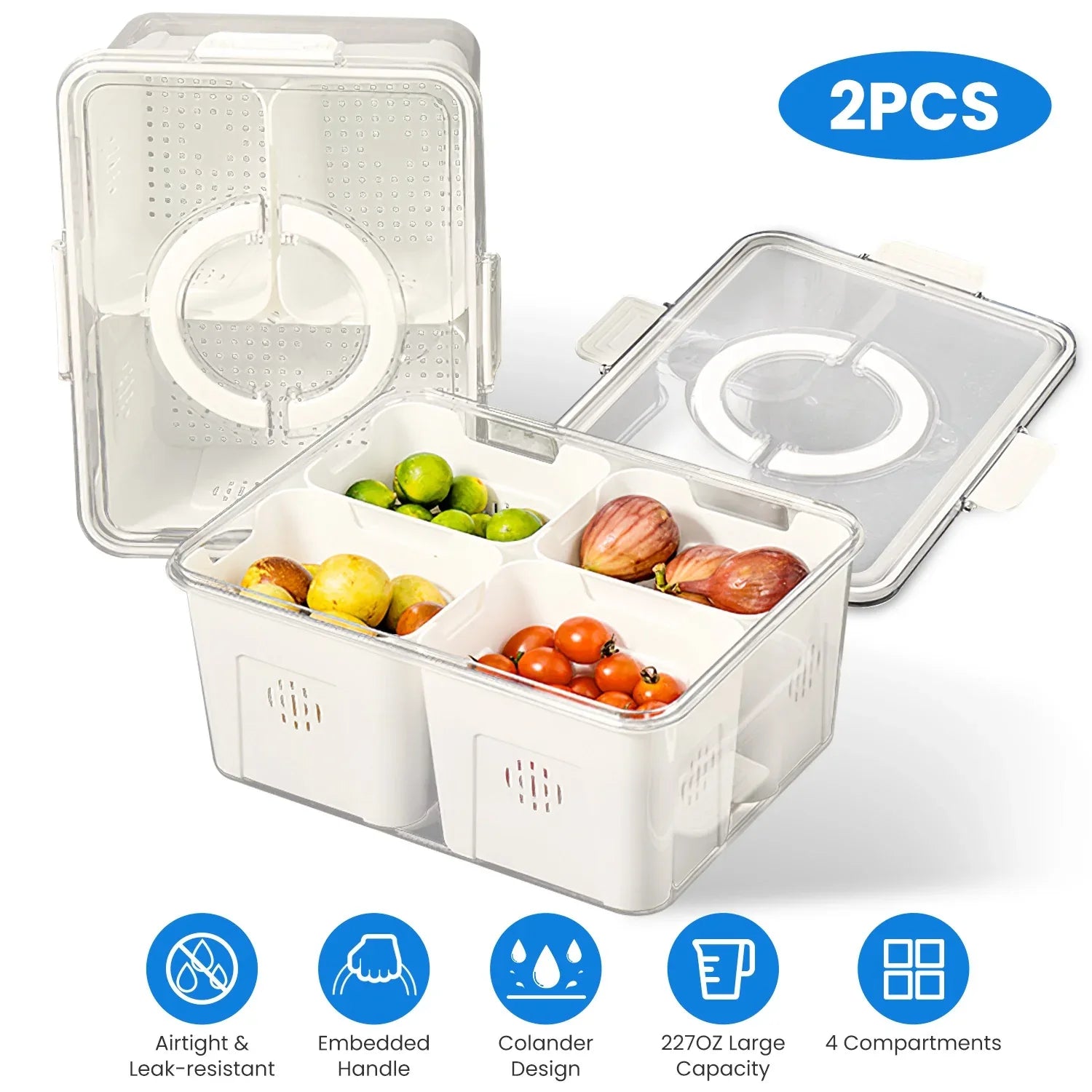 2-Pack Airtight 4-Compartment Fruit & Vegetable Storage Containers with 8 Removable Colanders – Leakproof Fridge & Picnic Organizer Set
