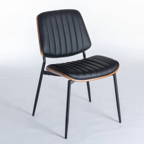 Mid-Century Modern Dining Chairs Set of 2 – Faux Leather Upholstered Seat with Walnut Bentwood Back & Metal Legs (Adjustable Feet)
